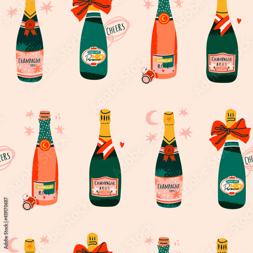 Various Bottles of Sparkling wines. Different shapes and colors of bottles. Prosecco, Rose, Brut, Champagne. Hand drawn colorful Vector seamless Pattern. Wallpaper, background, wrapping paper template