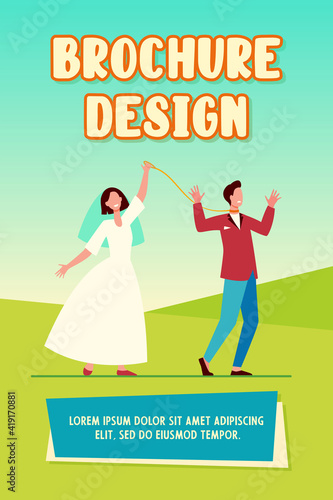 Cheerful bride leading groom on leash. Wedding day, dress, smoking, metaphor. Flat vector illustration. Abusive relationship, manipulation concept for banner, website design or landing web page © PCH.Vector