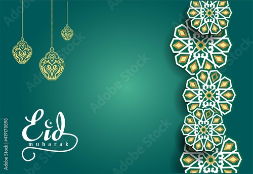 Eid mubarak background with floral patterns, lanterns, Greeting card, invitation for muslim community. Vector illustration in new style.	