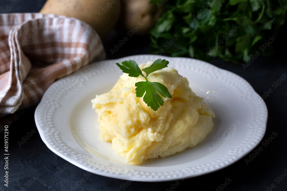 Serving of creamy mashed potato made from boiled potatoes