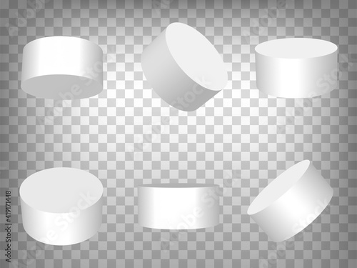 White realistic cylinder, empty stand round podium isolated on transparent background.  3d cylinders. Cylinder and pedestal circle, podium and stand circular  for your  design, app, UI. EPS 10