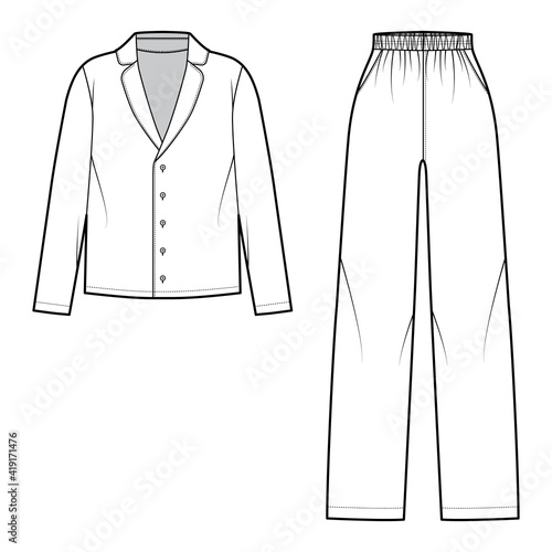 Set of Sleepwear Pajamas shirt, pants technical fashion illustration with full length, normal waist, oversized, button closure, long sleeves. Flat front, white color style. Women men unisex CAD mockup