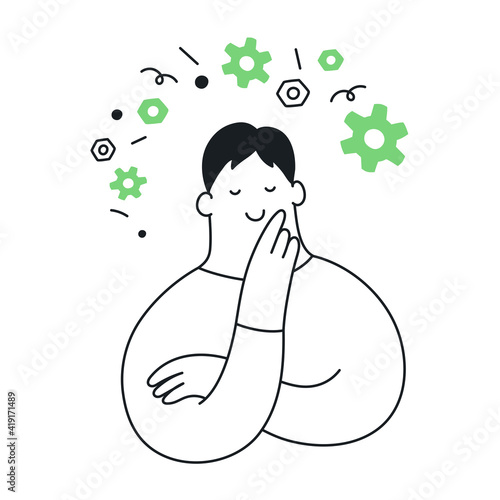 Technology thinking, cute cartoon mechanic or developer surrounded by flying gears. Product development, science,  technological experiment. Thin line vector illustration on white.