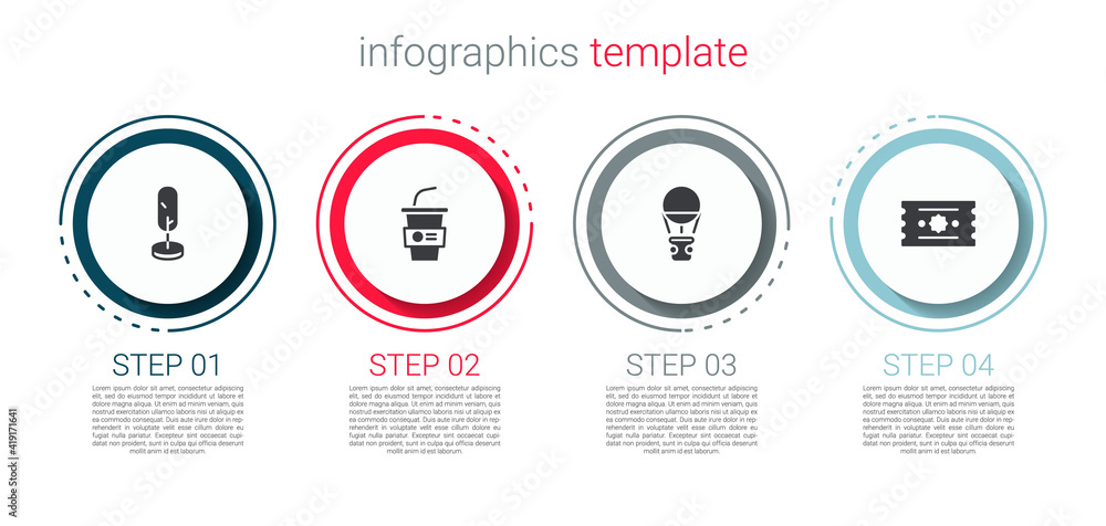 Set Tree, Paper glass with water, Hot air balloon and Ticket. Business infographic template. Vector. Set Tree, Paper glass with water, Hot air balloon and Ticket. Business infographic template. Vector.