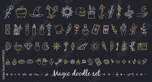 A magical set of doodle style icons. Esoteric items. Vector linear witchcraft and mystical symbols.