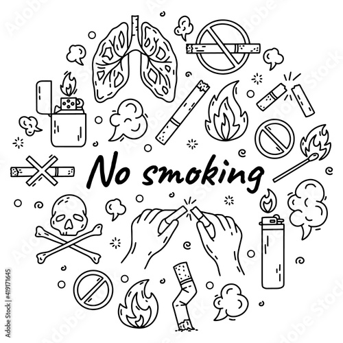 No smoking outline vector set in doodle style, hand drawing. The concept of bad habits with cigarettes, tobacco and vape.
