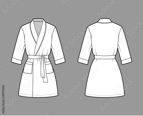 Bathrobe Dressing gown technical fashion illustration with wrap opening, mini length, oversized, tie, pocket, elbow sleeves. Flat apparel front back, white color style. Women, men, unisex CAD mockup