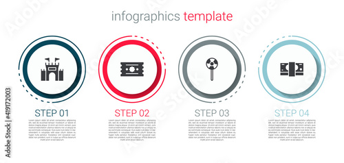 Set Castle, Ticket, Lollipop and Stacks paper money cash. Business infographic template. Vector.