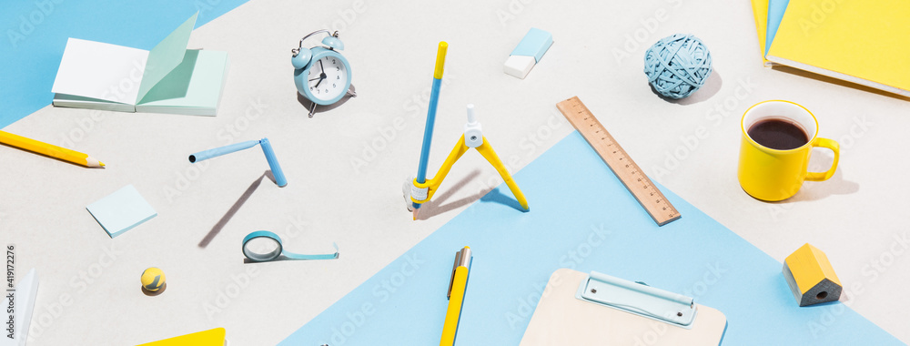 School supplies, creative flat lay desk. School supplies, creative flat lay desk.