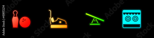 Set Bowling pin and ball, Bumper car, Seesaw and Shooting gallery icon. Vector.