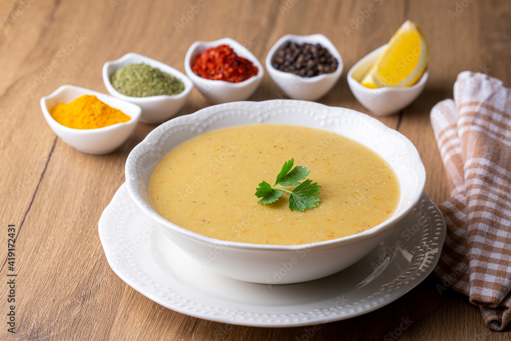 Traditional delicious Turkish foods; Red lentil soup (Turkish name; Mercimek corbasi) Traditional delicious Turkish foods; Red lentil soup (Turkish name; Mercimek corbasi)
