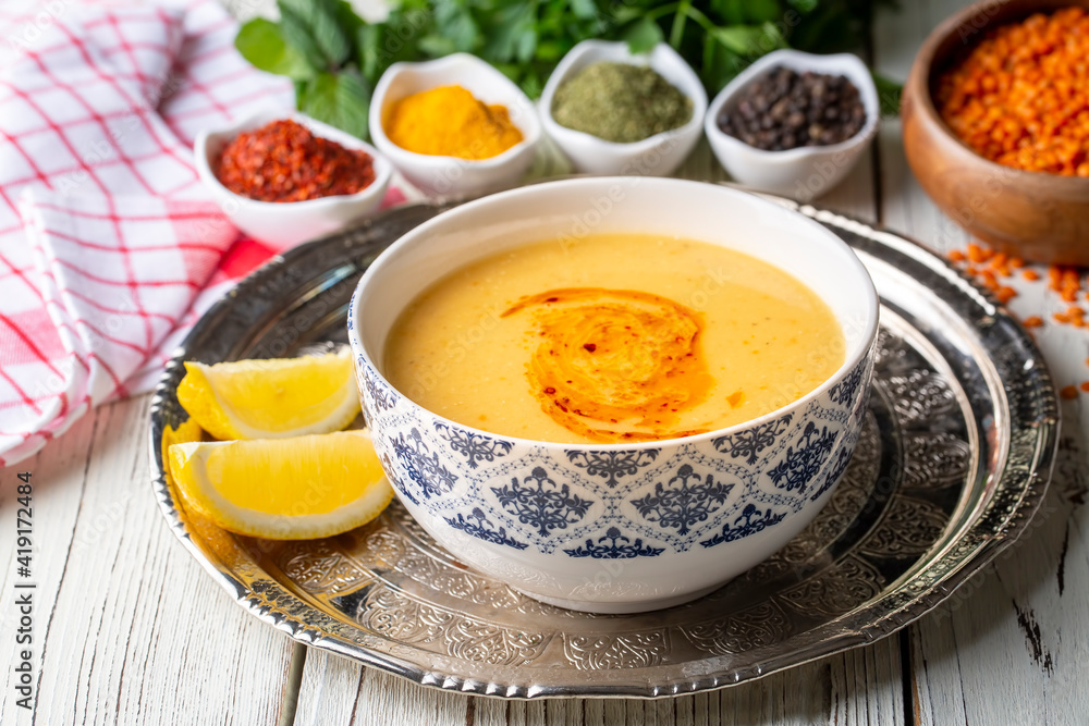 Traditional delicious Turkish foods; Red lentil soup (Turkish name; Mercimek corbasi) Traditional delicious Turkish foods; Red lentil soup (Turkish name; Mercimek corbasi)