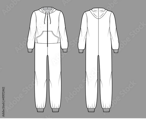 Onesie overall jumpsuit sleepwear technical fashion illustration with full length, oversized, hood, zipper closure, kangaroo pouch. Flat Dungaree front back, white color. Women, men unisex CAD mockup