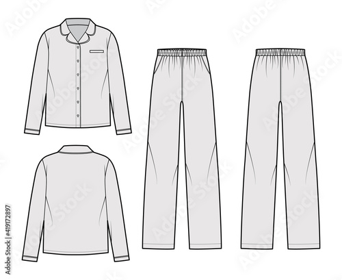 Set of Sleepwear Pajamas shirt, pants technical fashion illustration with full length, low waist, oversized, pockets, button closure, long sleeves. Flat front back, grey color. Women unisex CAD mockup
