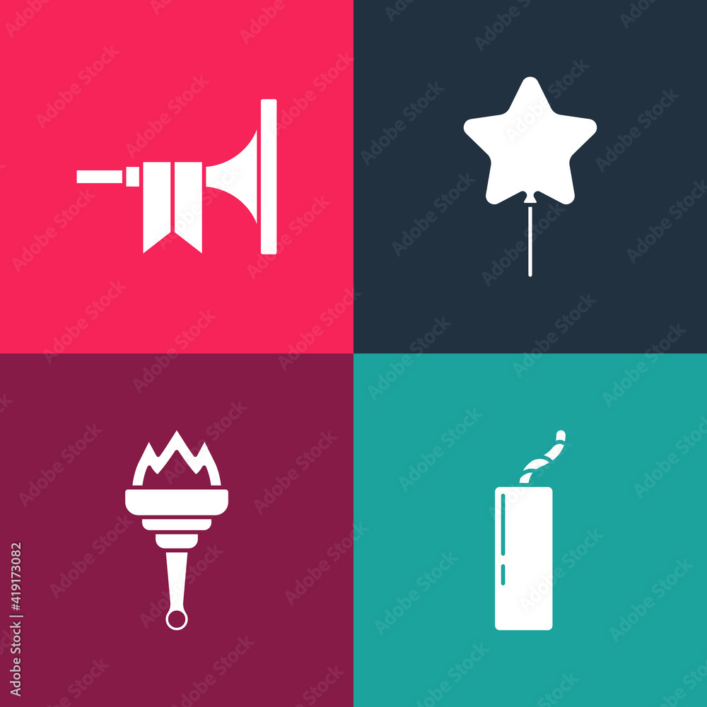 Set pop art Dynamite bomb, Torch flame, Balloon and Trumpet icon. Vector.