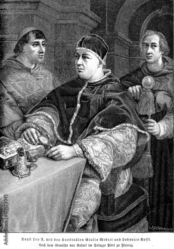 Renaissance Pope Leo X of the Medici family with the cardinals Giulio Medici and Lodovico Rossi, engraving from the painting by Rafael , palazzo Pitti - Florence