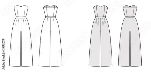 Strapless jumpsuit overall technical fashion illustration with full length, normal waist, high rise, double pleats. Flat apparel garment front back, white grey color style. Women men unisex CAD mockup