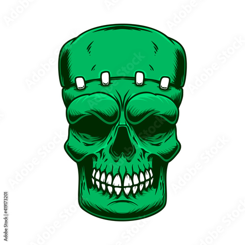 Illustration of the skull of frankenstein monster in engraving style. Design element for poster, card, banner, sign, logo. Vector illustration