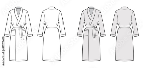 Bathrobe Dressing gown technical fashion illustration with wrap opening  knee length  oversized  tie  pocket  long sleeves. Flat garment front back  white  grey color style. Women  men unisex CAD