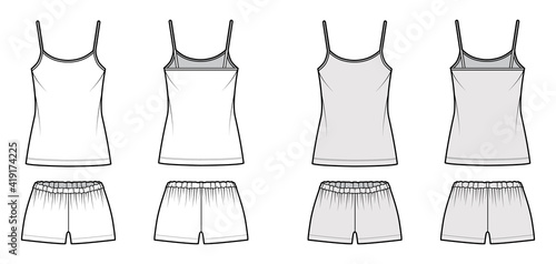 Camisole Pajama short Sleepwear technical fashion illustration with scoop neck cami, mini length, oversized, low waist. Flat apparel front back, white, grey color style. Women, men unisex CAD mockup