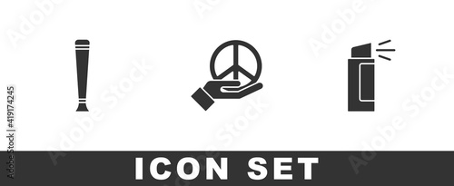 Set Police rubber baton, Peace and Pepper spray icon. Vector.