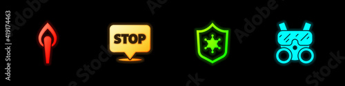 Set Torch flame, Protest, Police badge and Gas mask icon. Vector.