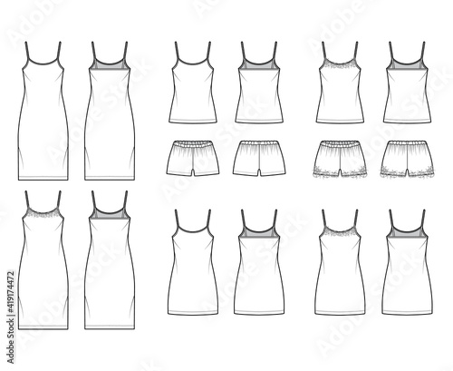 Set of Chemise dresses camisole Sleepwear Pajama pants technical fashion illustration with lace, oversized, scoop neck. Flat apparel garment front, back white color style. Women, men unisex CAD mockup
