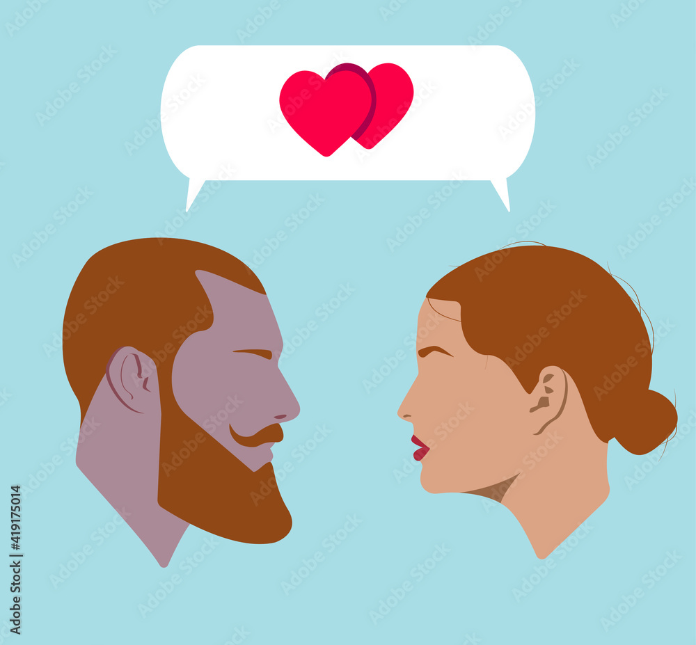 Portraits. Silhouettes of people with dialogue speech bubbles. Dating. Bearded guy and girl in Love. Lovers. Conversation.