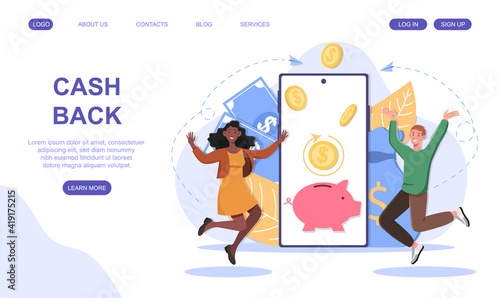 Multiracial happy couple rejoice for cash back rewards concept dancing, positive face, smiling, shouting. Flat cartoon vector illustration. website, web page, landing page, ui template design.
