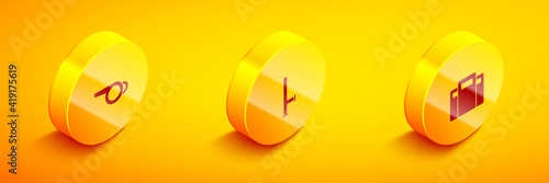 Set Isometric Whistle, Police rubber baton and assault shield icon. Vector.