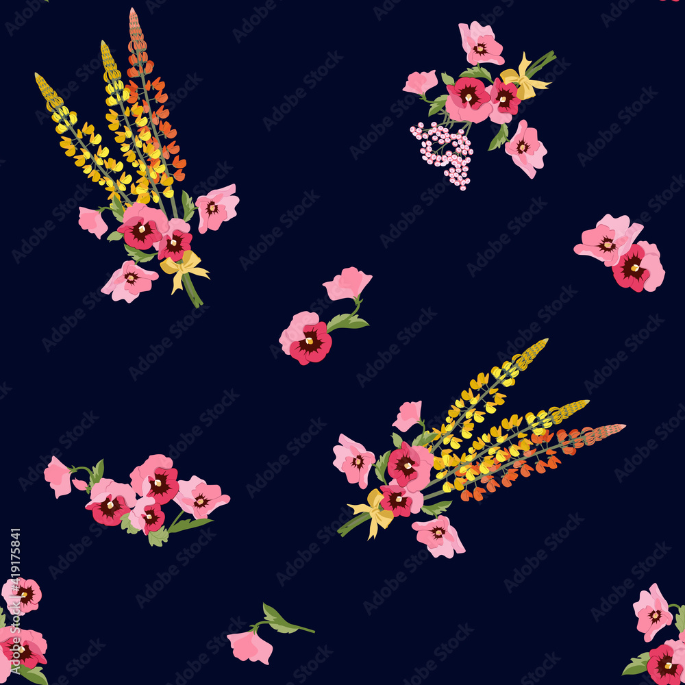 Seamless vector spring illustration with pansies and lupine on a dark background.
