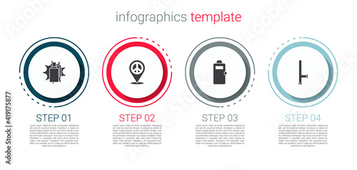 Set Hand grenade, Location peace, Police assault shield and rubber baton. Business infographic template. Vector.