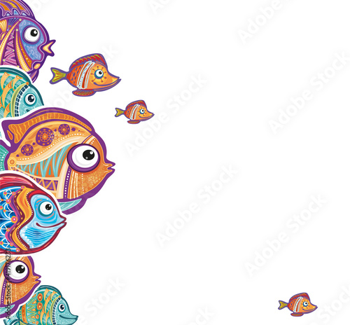 Frame with Ornamental decorative fishes in funny style