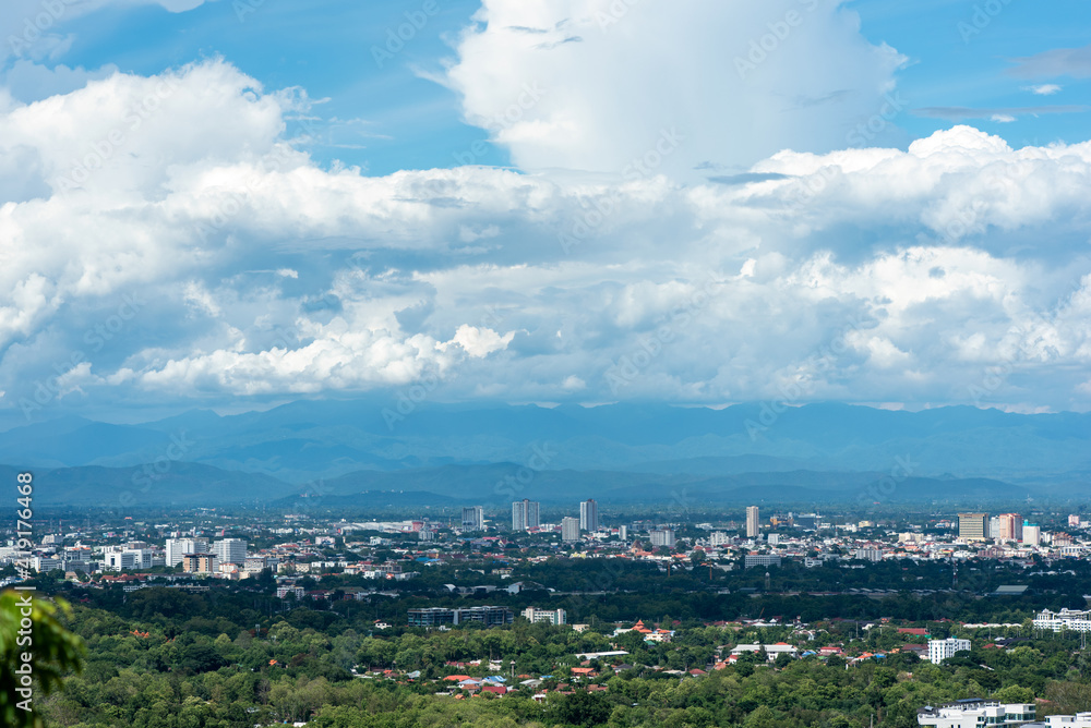 view of the Chiangmai city with blue sky and white cloud view of the Chiangmai city with blue sky and white cloud