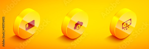 Set Isometric Credit card with bitcoin, Cryptocurrency cloud mining and Bitcoin circuit icon. Vector.