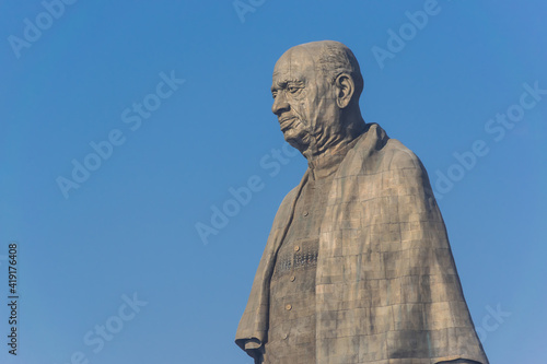 Kevadia, Narmada, Gujarat, India - December 25, 2018: Close-up view of Statue of Unity, the world's tallest statue at 182 metres. The statue is of Sardar Vallabhbhai Patel.