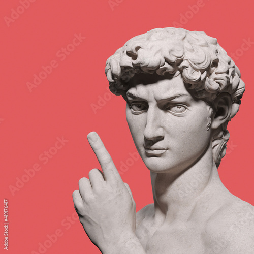 Pointing finger of David statue, attention banner template. 3d rendering photo