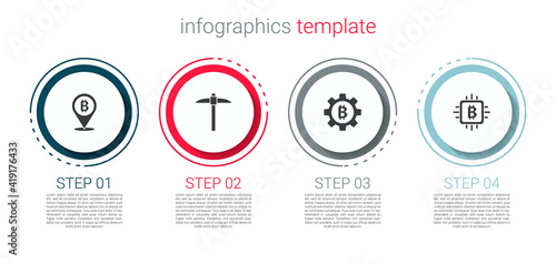 Set Bitcoin, Pickaxe, Cryptocurrency and CPU mining farm. Business infographic template. Vector.