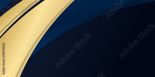 Blue gold abstract wave lines background. Luxury navy blue background combine with glowing golden lines. Overlap layer textured background design 