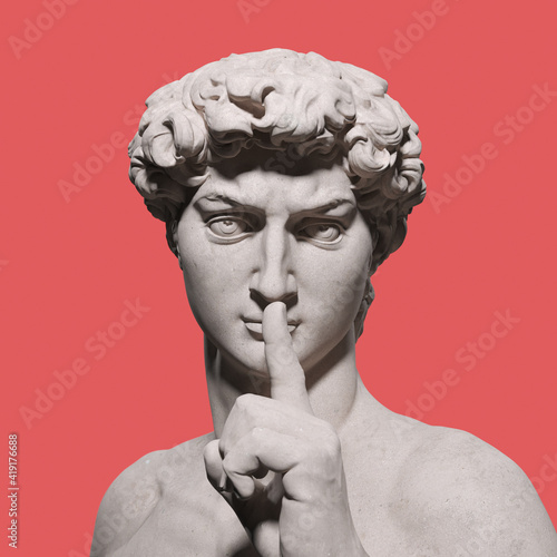 Fototapeta Quite please sign hand gesture David sculpture, stay silent, top secret. 3d rendering