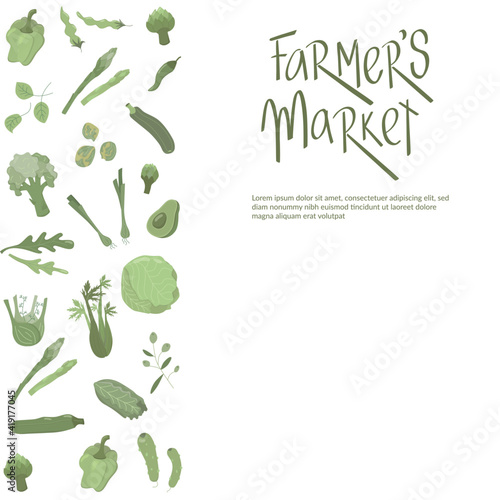 Farmers market handwritten sign with flat green vegetables set in boho colors. No pattern. Vector stock illustration isolated on white background for packaging design, price list. EPS10