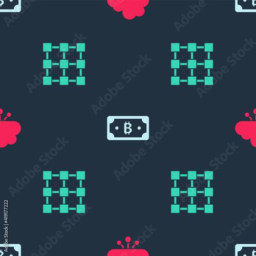 Set Cryptocurrency cloud mining, bitcoin and Blockchain technology on seamless pattern. Vector.