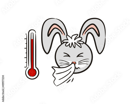 Hand-drawn sick rabbit with fever. Infected sneezing cute hare. Vector children's illustration on the subject of symptoms, quarantine, medicine, safety and health.