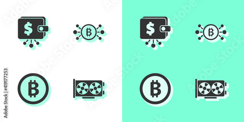 Set Video graphic card, Cryptocurrency wallet, Bitcoin and circuit icon. Vector.