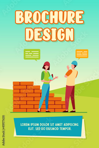 Two positive builders talking and working. Brick, worker, wall flat vector illustration. Construction and communication concept for banner, website design or landing web page