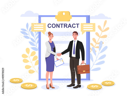 Successful partnership contract, greeting partner leadership, agreement idea concepts for Web Banner Infographics Images. Flat outline abstract cartoon vector illustration isolated on white background