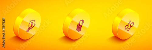 Set Isometric Hand holding Bitcoin, think and Cryptocurrency key icon. Vector.
