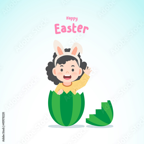 A asian girl wearing rabbit ears emerged from a merrily decorated green egg, Easter egg, illustration vector, kids concept