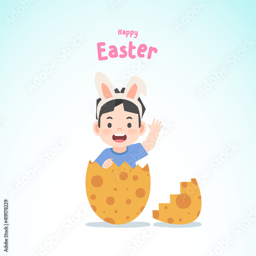 A asian boy wearing rabbit ears emerged from a merrily decorated orange egg, Easter egg, illustration vector, kids concept
