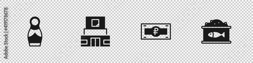 Set Russian doll matryoshka, Mausoleum of Lenin, ruble banknote and Tin can with caviar icon. Vector.